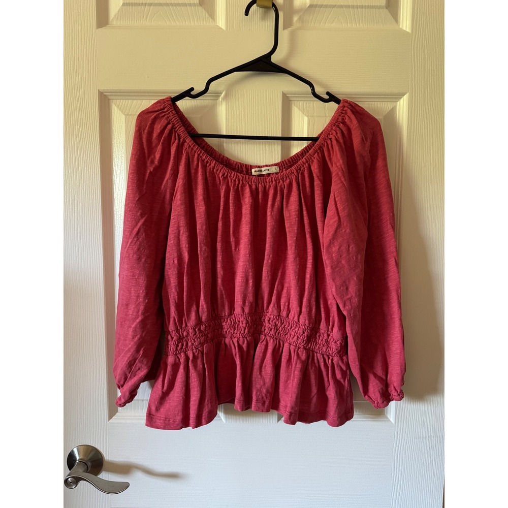 Marine Layer Christiana Knit Top Womens Large Pink‎ Smocked Waist Slub Cotton